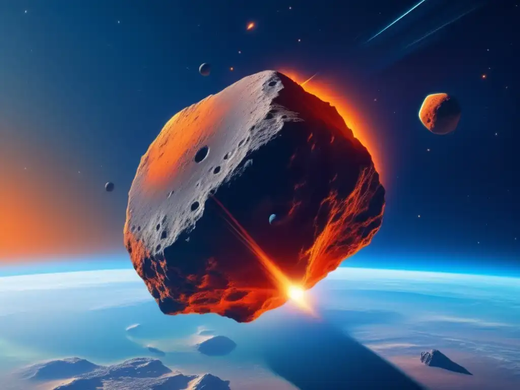 A magnificent photorealistic image of an orange asteroid streaking through the infinite blue sky, its jagged edges mirroring the sunlight, and Earth appearing as a minuscule blue sphere, alluding to the immense scale and power of asteroids while hinting at their devastating impact during the Dinosaur Era