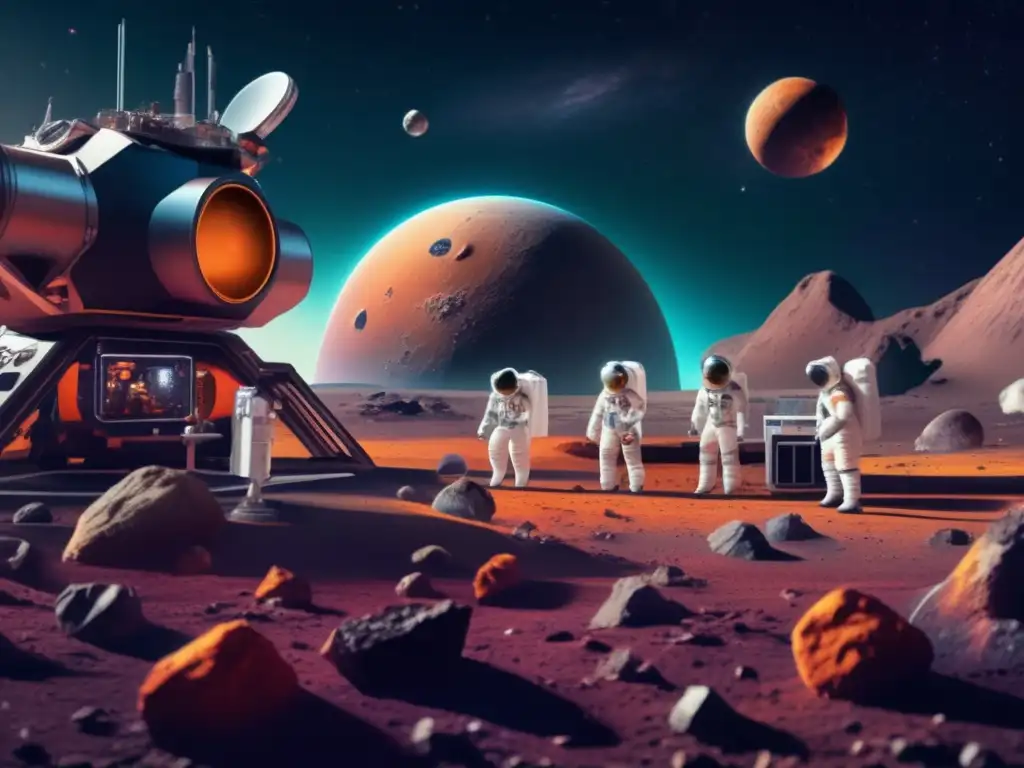 team of scientists and astronauts working together on a vibrant asteroid landscape surrounded by diverse equipment, instruments, and fantastic colors