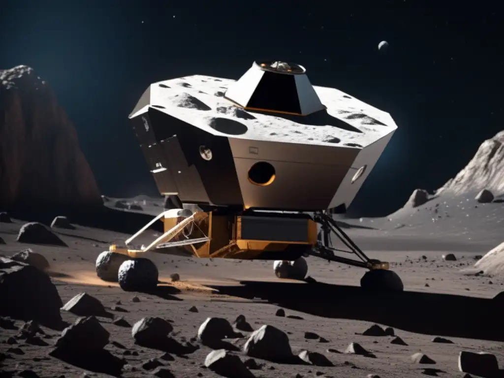 A mesmerizing photorealist depiction of a spacecraft gracefully landing on Asteroid Albion