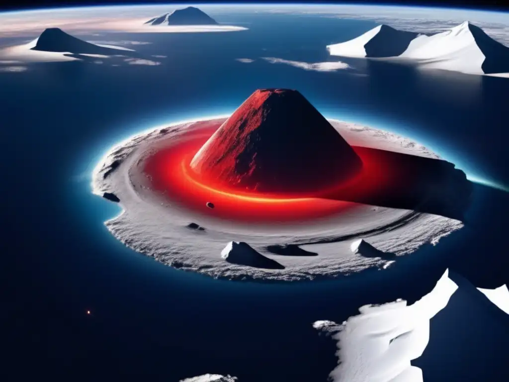 ½ of Earth's surface viewed from above, a formidable asteroid hovers above the South Pole, scarlet glow spreading across the landscape