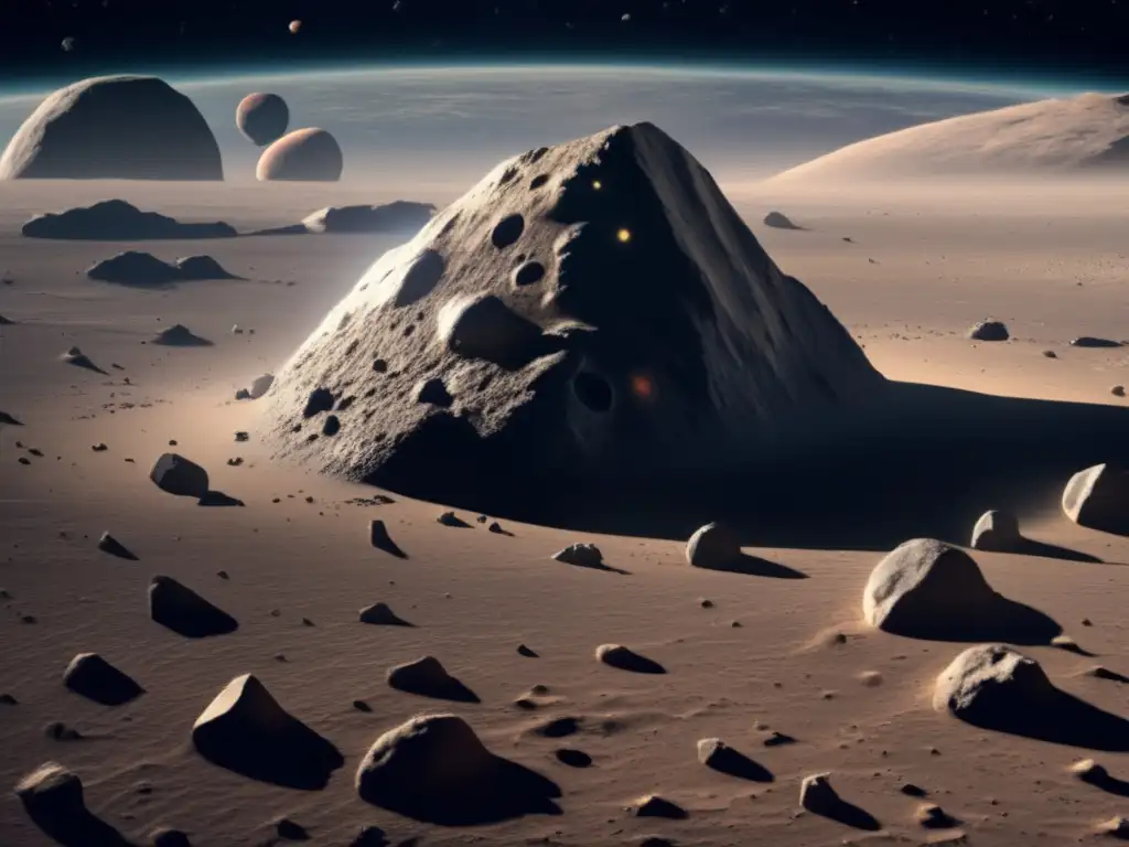 A close-up rendering of an asteroid in space, adorned with various geological formations, craters, and rocks