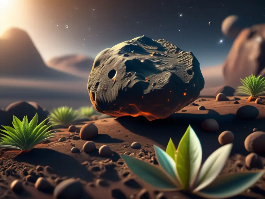 An intricate photorealistic image of an asteroid with life forms sprouting on its jagged, rocky surface