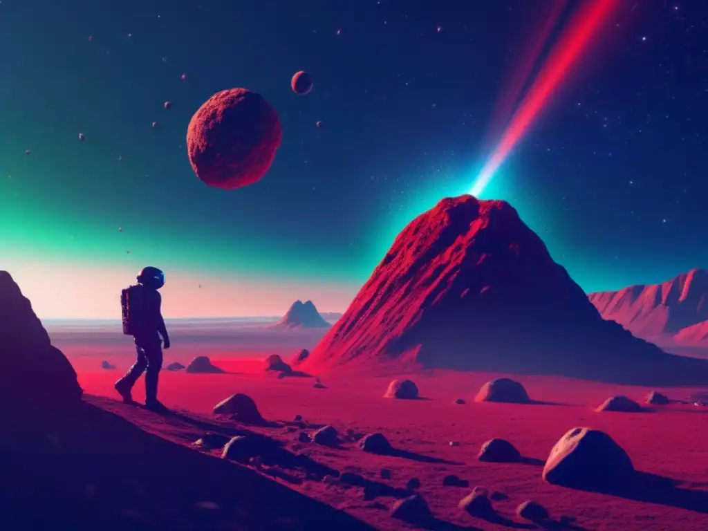 A red asteroid looms over a serene blue-green planet, casting an eerie shadow that echoes the launch of a spaceship