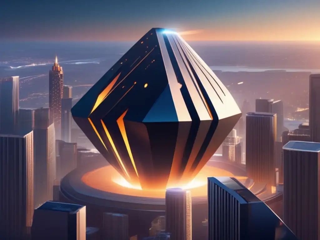 A stylized asteroid, with intricate details and precise shading, floats above a modern metropolis depicted in a photorealistic style