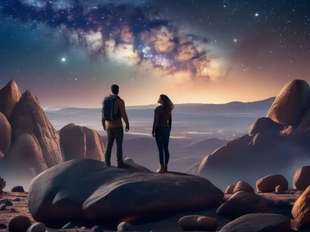 *A photorealistic image of a male and female astronaut standing on a rocky asteroid, surrounded by a breathtaking view of starry space