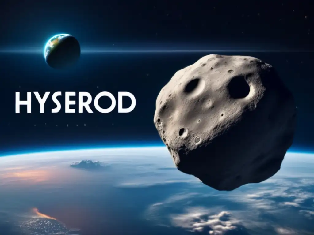 A photorealistic image of Asteroid Hylas, labeled 'Asteroid Approaching Earth'