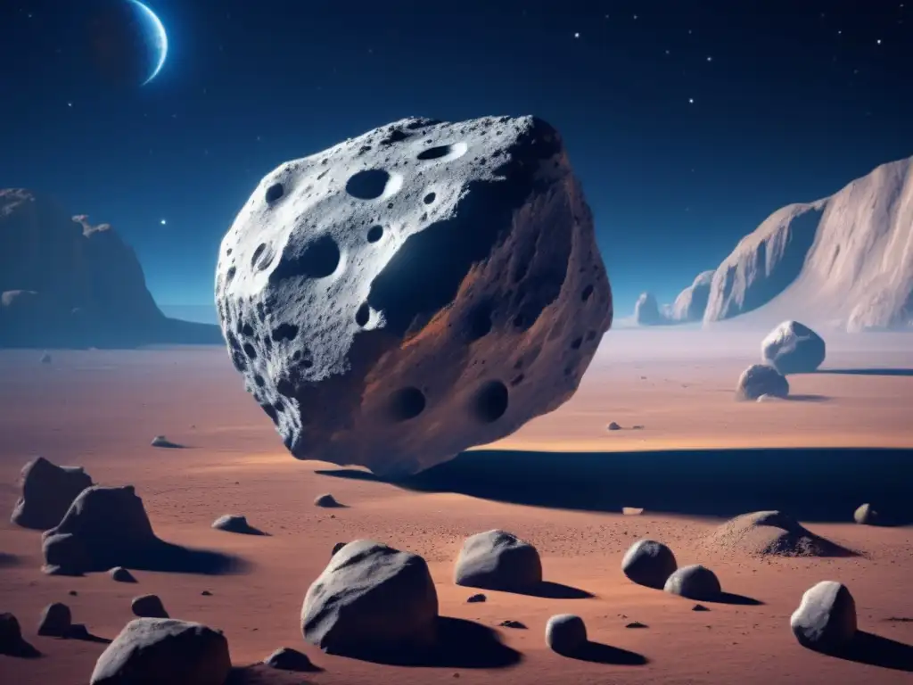 Asteroid Lycaon, a gigantic chunk of rock with jagged cliffs and craters, looms in the deep blue expanse of space