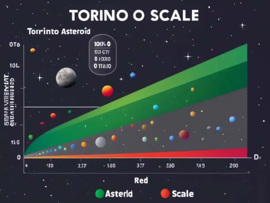 Graph depicts asteroid sizes and impact severity on Torino Scale, color-coded for clear visualization of impact range