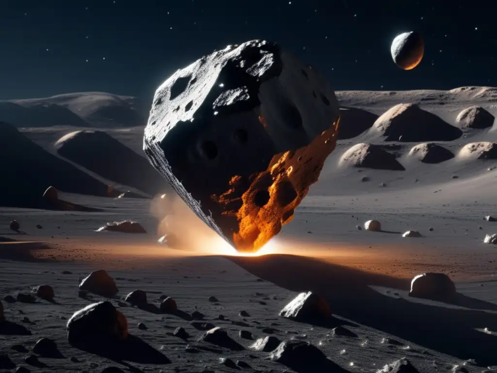 A mesmerizing photorealistic depiction of a spacecraft expertly maneuvering around an intimidating asteroid in the boundless emptiness of space, showcasing the spacecraft's intricate design and reflective surfaces contrasting with the rugged surface of the asteroid, while emphasizing the exciting interplay between space and its celestial neighbors