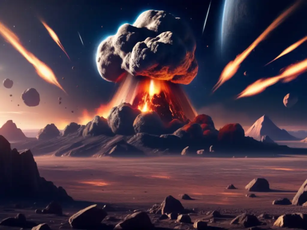 A photorealistic image of a massive asteroid hurtling towards Earth, with meteor showers and explosions visible in the background