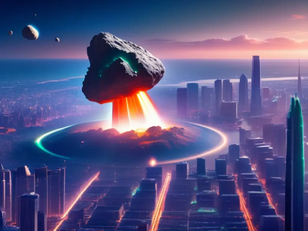 A photorealistic depiction of an asteroid in a bustling metropolis, surrounded by towering skyscrapers and busy streets