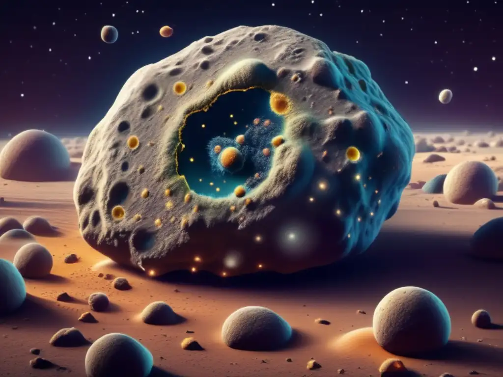 An exquisite photorealistic rendering of a space asteroid meticulously adorned with diverse microbial inhabitants