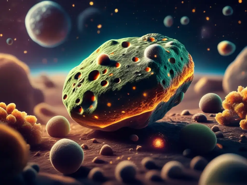 A photorealistic illustration of a rocky asteroid speckled with life, carrying a microbial ecosystem through the cosmos