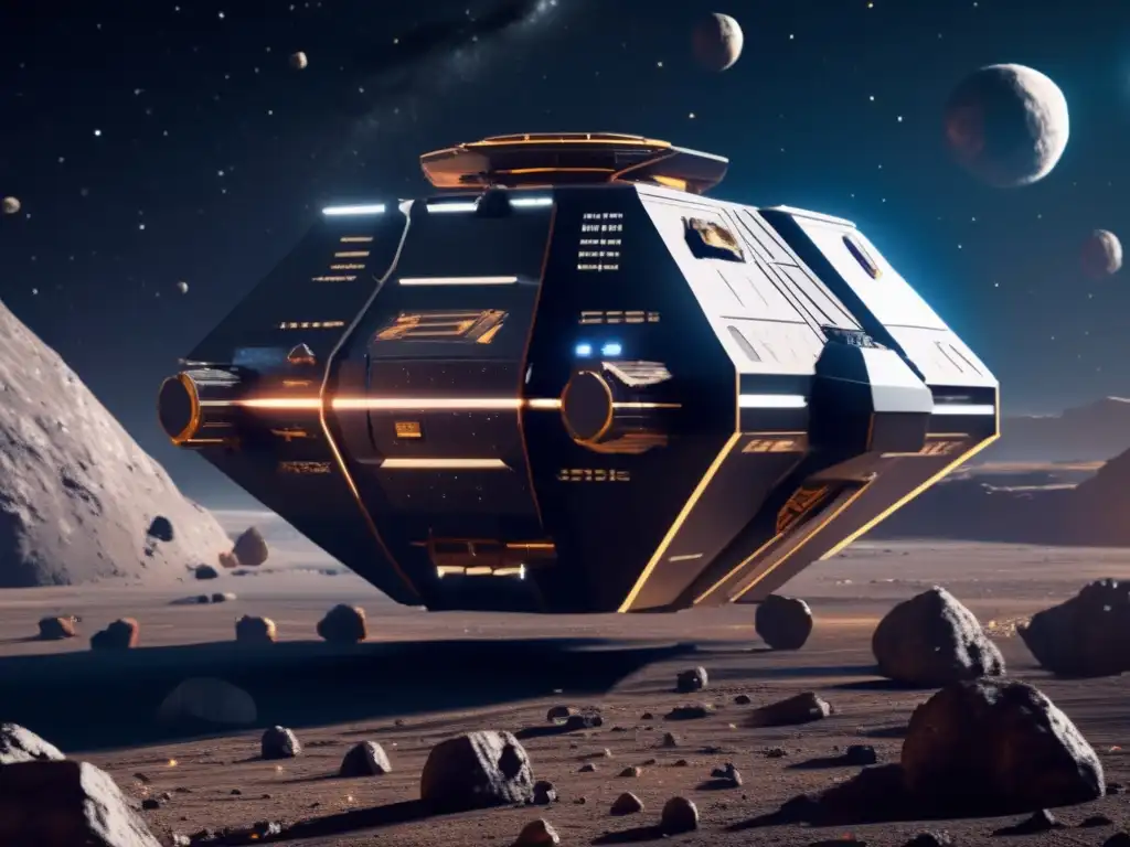 A brilliant asteroid mining vessel glides effortlessly through the star-studded expanse of space, its intricate design and cutting-edge equipment radiating with precision and innovation, as nearby asteroids, rich in valuable minerals, loom large in the background, their geological features and mineral composition visible in vivid detail