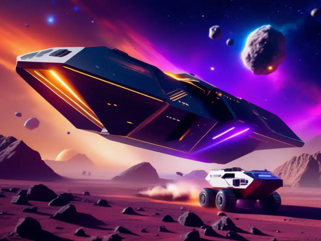 Futuristic asteroid mining vessel flying through a vibrant nebula, equipped with a beam weapon system that can break rocks apart for collection
