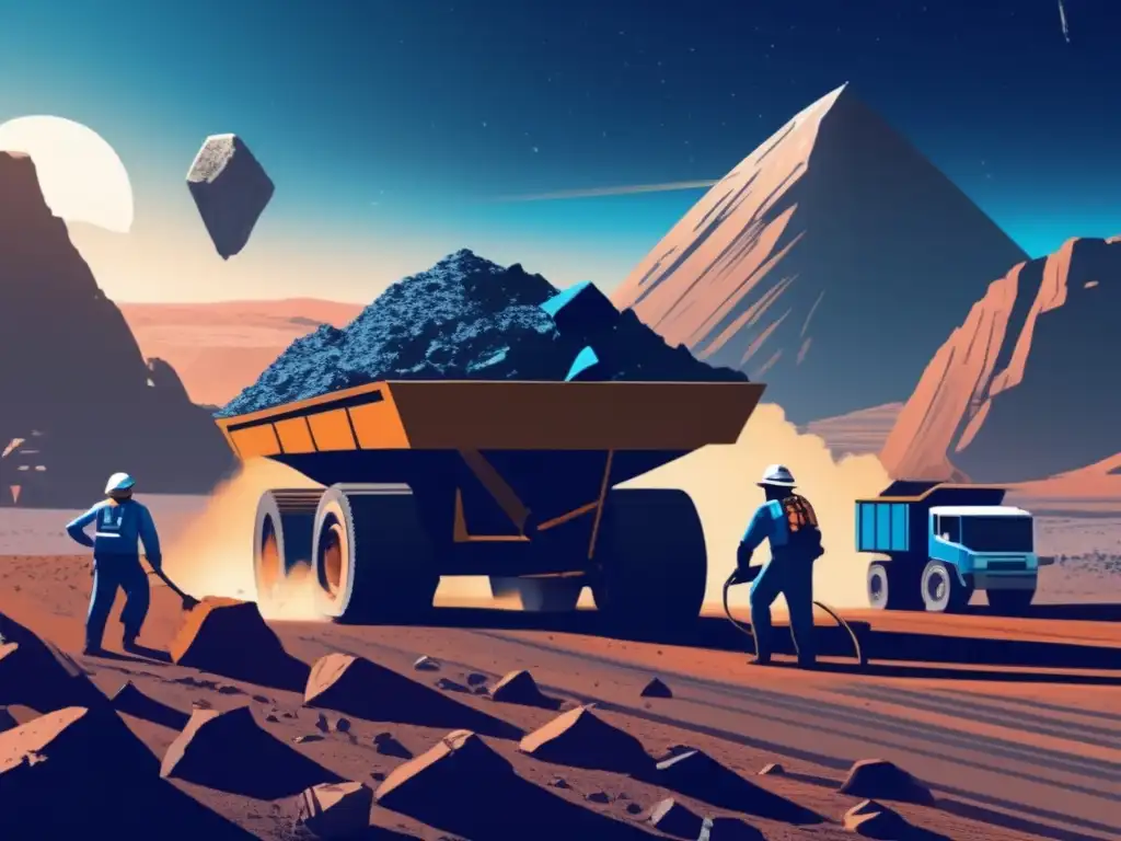 A group of miners on a dusty asteroid mining colony, tirelessly pouring ore into a truck to transport it back to the main processing facility