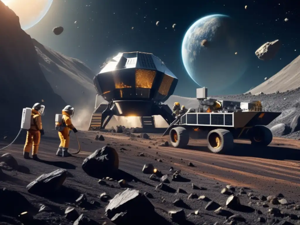 A thrilling image of a massive asteroid mining operation in space, with suited workers gathering treasures from the asteroid's surface