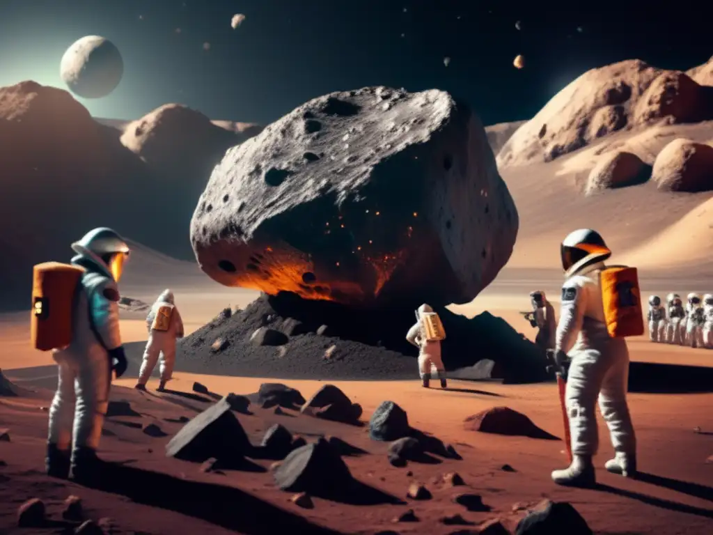 An intense scene of space mining: A mammoth asteroid looms behind, while determined miners in futuristic gear dig diligently, seeking valuable resources
