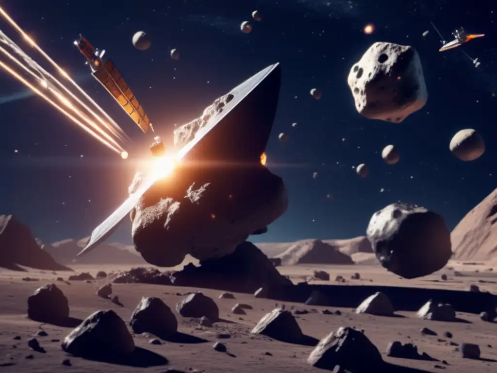 A stunning photorealistic depiction of a small asteroid being mined in space, complete with asteroid markings and visible craters