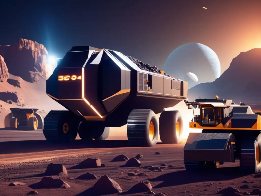 A photorealistic image of a large asteroid being mined by a fleet of asteroid miners, surrounded by a remote mining base and packaging facilities
