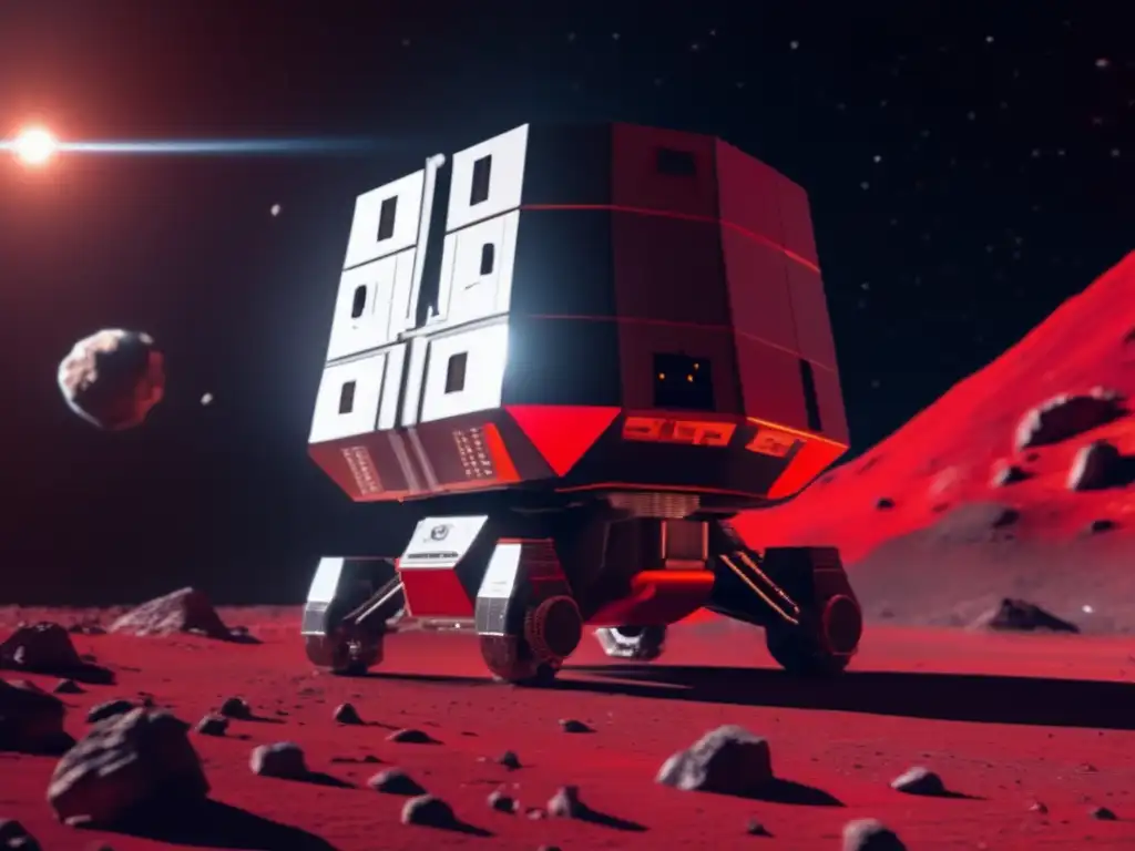 Incredible 3D rendering of an asteroid mining spacecraft expertly capturing the intricate details of the bright red asteroid's surface, with a beautiful and photorealistic depiction