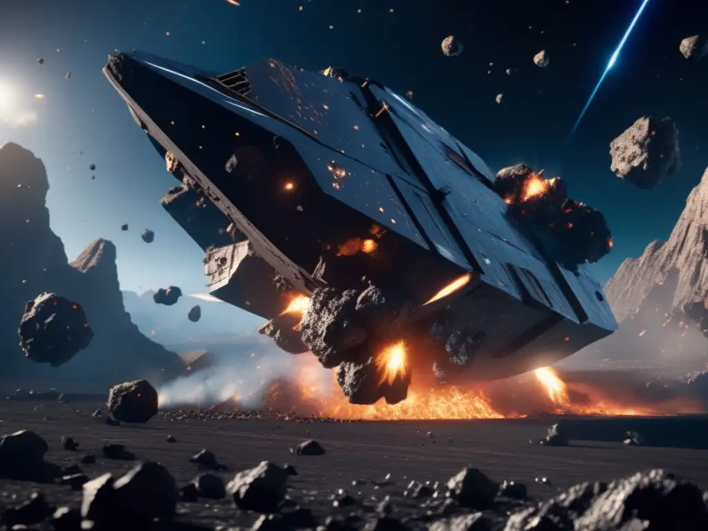 Two asteroid mining ships engage in a fierce battle amidst a backdrop of meteor rocks and debris