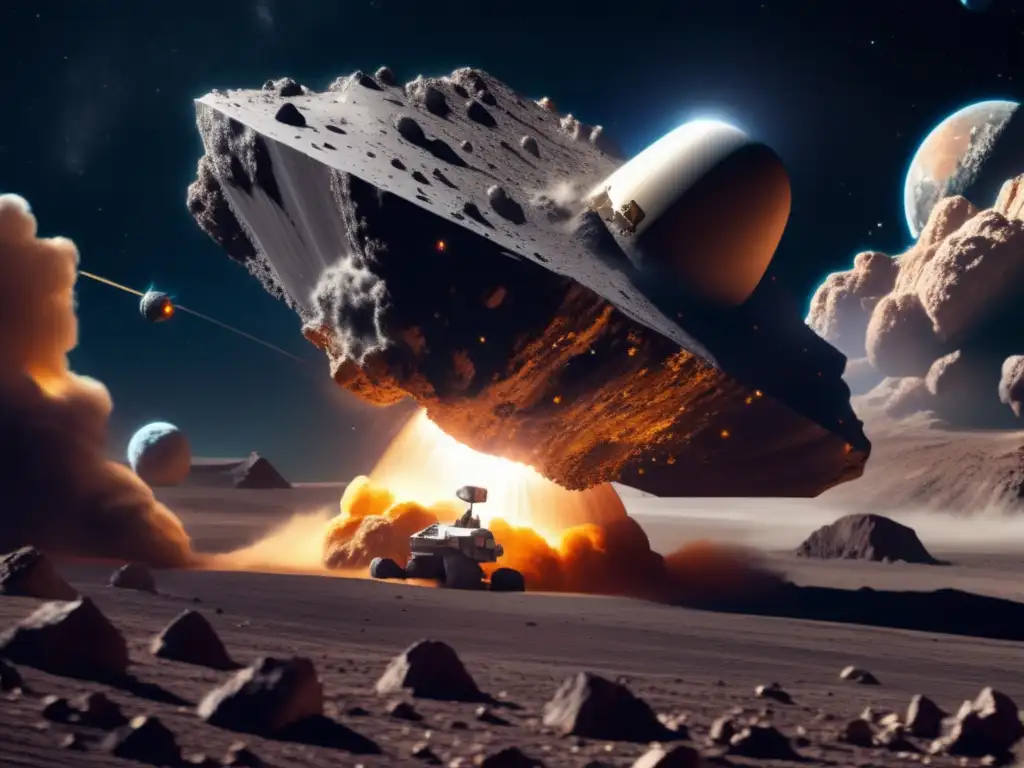 A breathtaking photorealistic image of an asteroid mining spacecraft blasting into the surface of an asteroid, creating a cloud of debris and dust