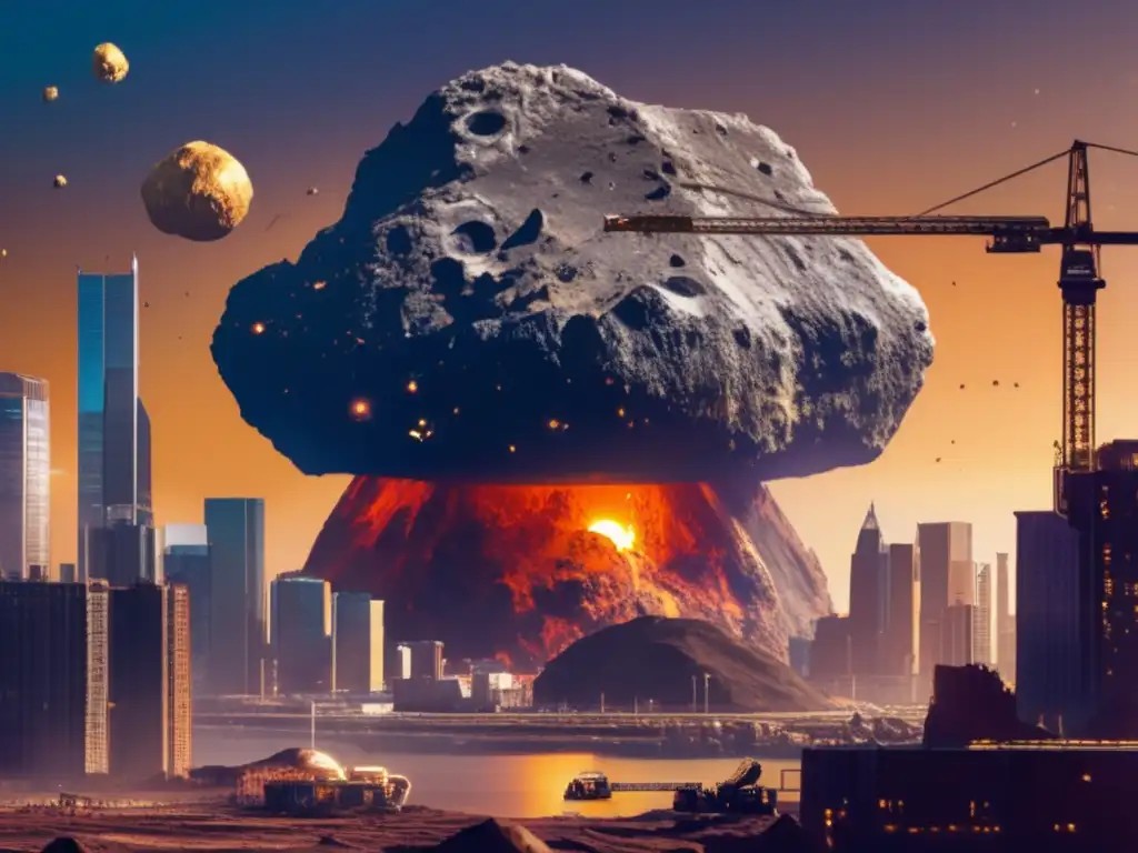 A photorealistic image of a massive asteroid, textured to mimic a heavily mined surface, hangs above a busy city skyline
