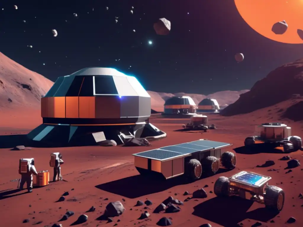 A photorealistic image of a sleek, modern asteroid mining colony on a reddish-colored asteroid in space