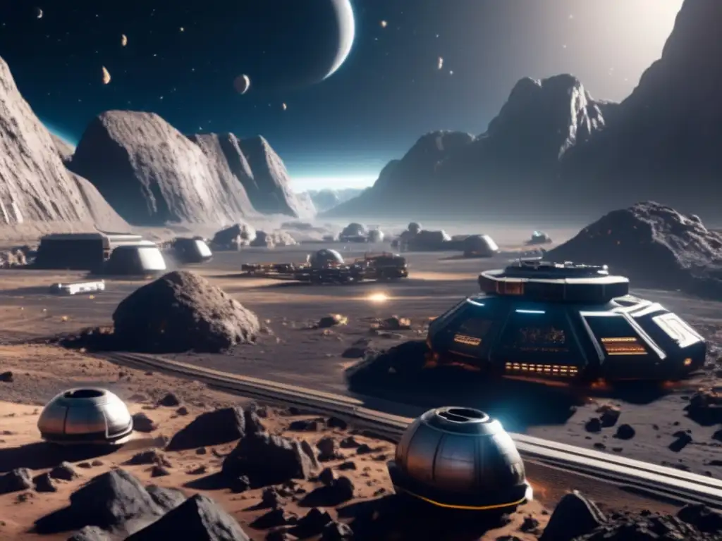 Witness the breathtaking sight of a sprawling asteroid mining colony amidst a sea of rocky peaks and intricate geological formations