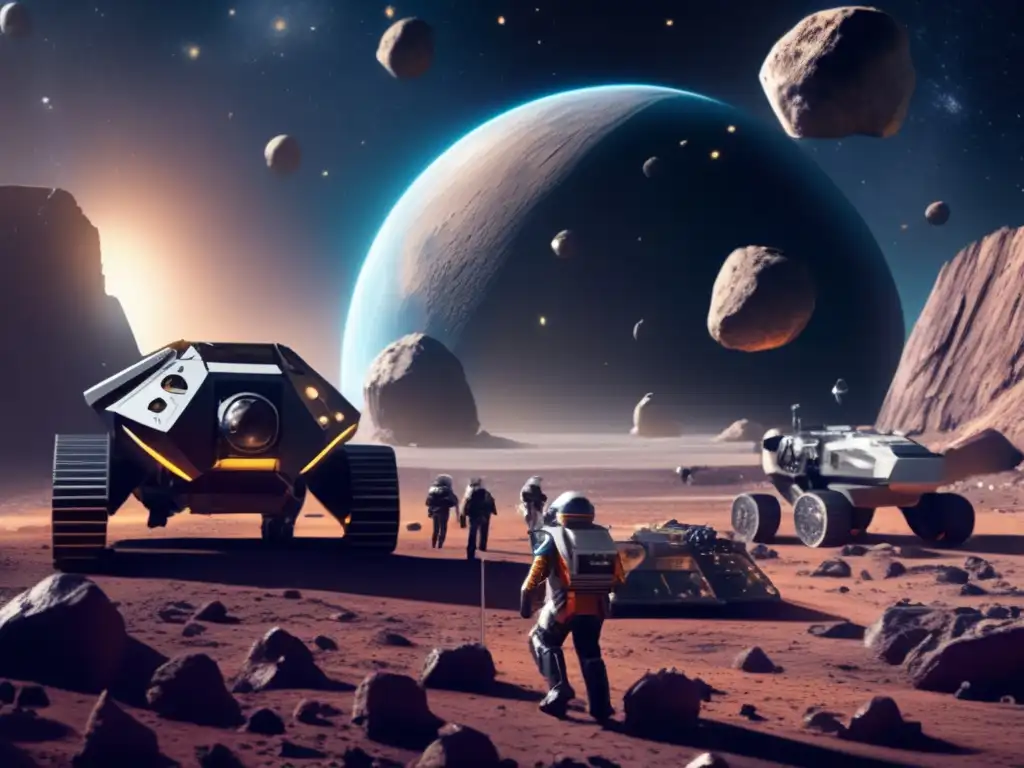 A stunning photorealistic depiction of a bustling asteroid mining colony in space