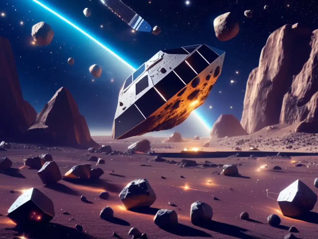 Photorealistic image of asteroid mining spacecraft amidst field of asteroids, with diamond-shaped objects inside and floating in space