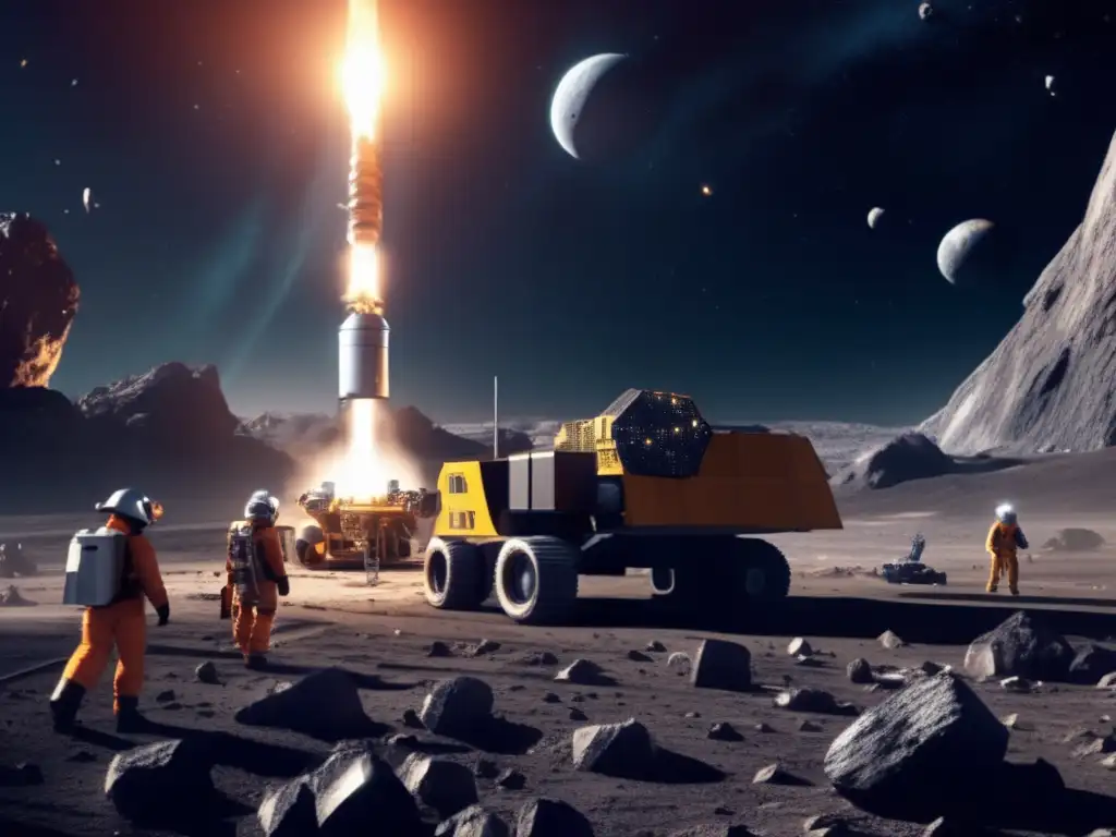 A photorealistic image of an asteroid mining operation in space, with crew in protective gear drilling into the asteroid while sophisticated machinery and tools surround them, creating an ominous and suspenseful atmosphere