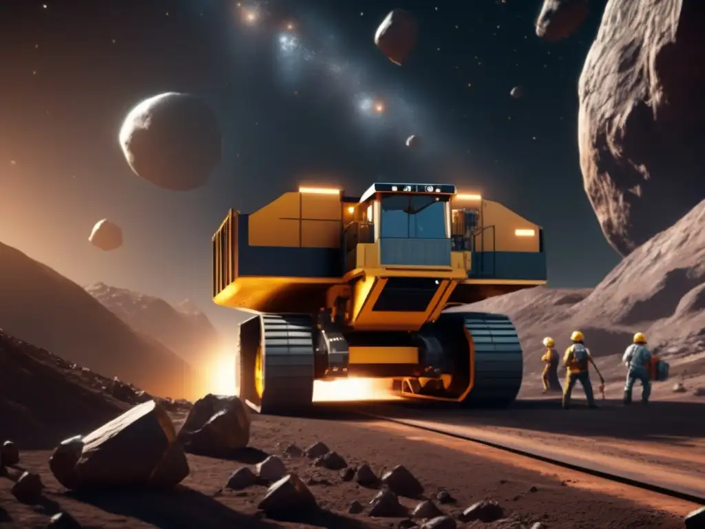A photorealistic image of a bustling mining station orbiting an asteroid, showcasing the potential of asteroid mining with intricate machinery and workers in motion