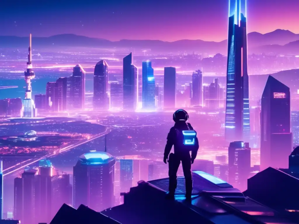 futuristic cityscape at night, with a central figure gazing towards the horizon, amidst illuminated skyscrapers and a hovering satellite mining rig