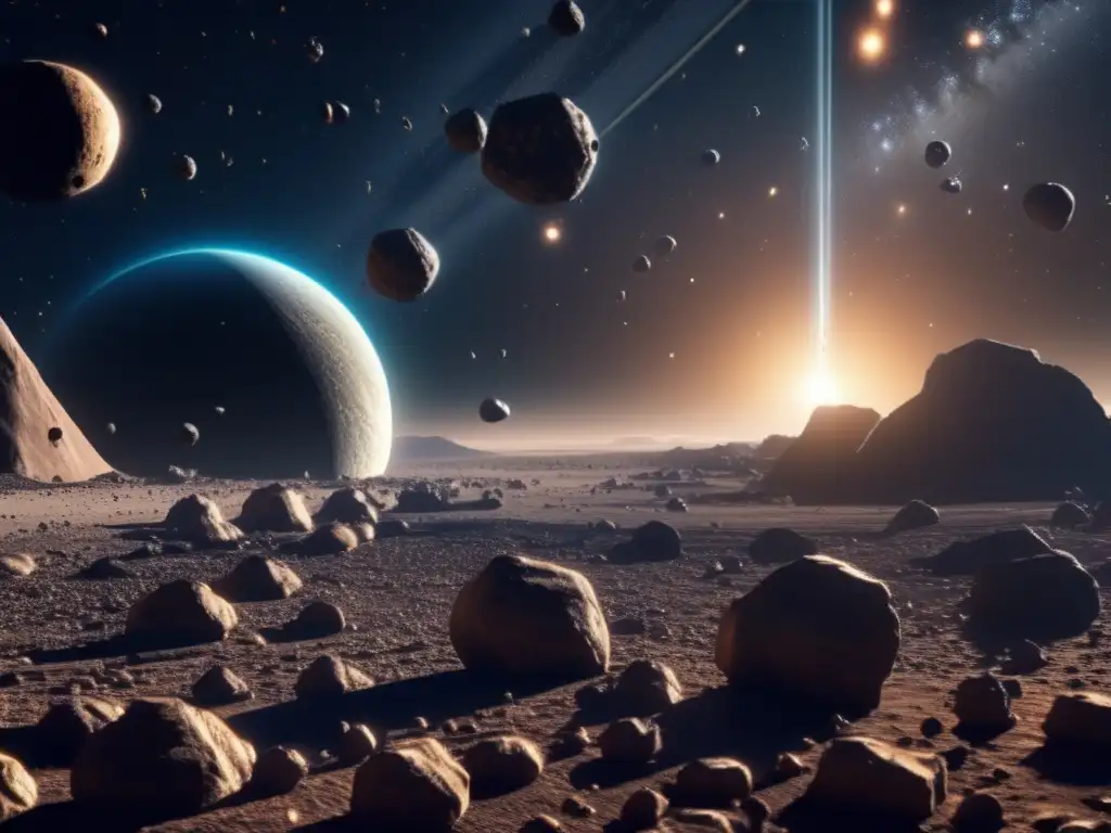 A photorealistic depiction of a heavily mined asteroid belt, with hundreds of asteroids floating and drifting in space