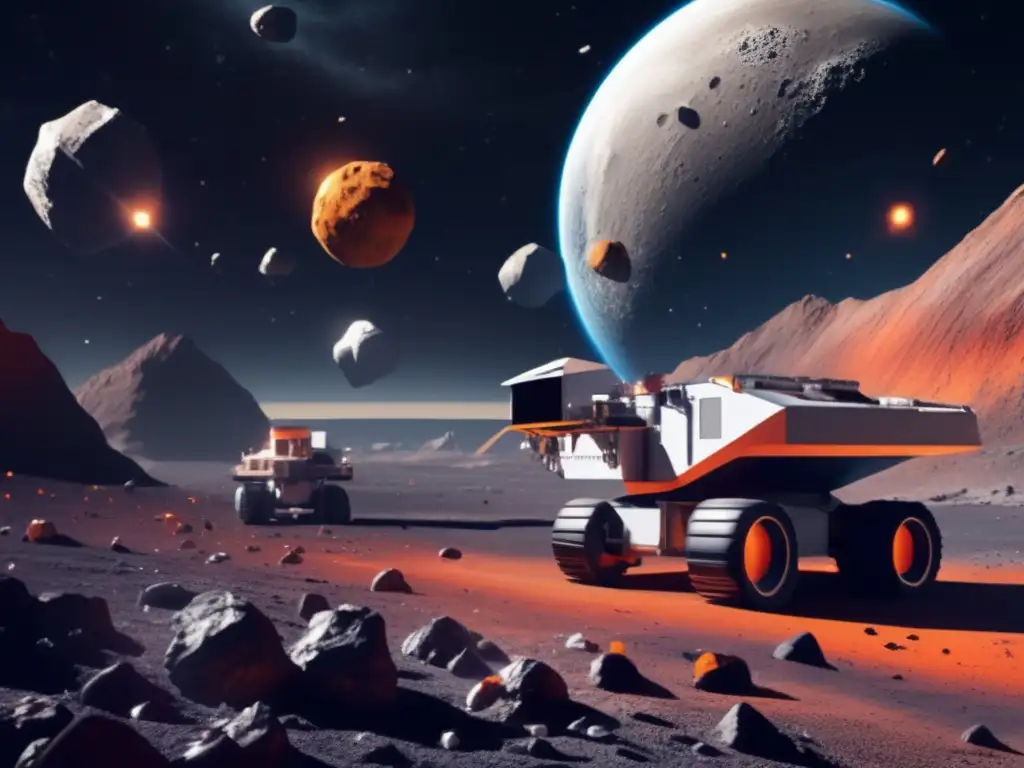 A photorealistic depiction of an asteroid mining operation, showcasing the stark barrenness and danger in the environment