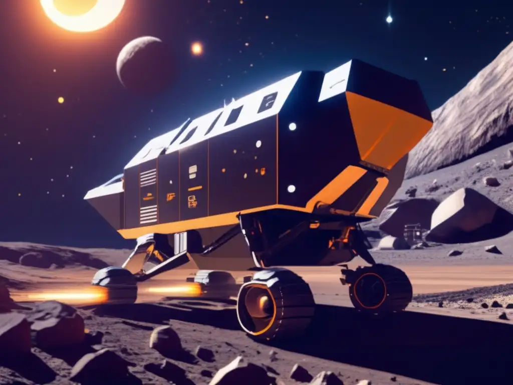 Dash: A photorealistic depiction of a sleek spacecraft mining a giant asteroid, with glistening excavators and drills dotting the surface in intricate detail