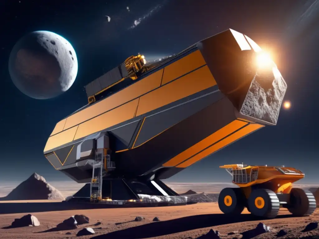 In this photorealistic depiction, a futuristic space mining asteroid ship hoists its mining equipment while drills pierce the surface and large breaks are transported to the ship via a conveyor belt