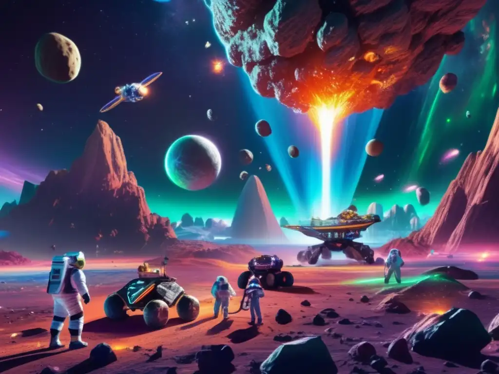Astronauts in spacesuits mine an asteroid in the heart of a neon space cityscape, surrounded by spaceships and diverse mining equipment