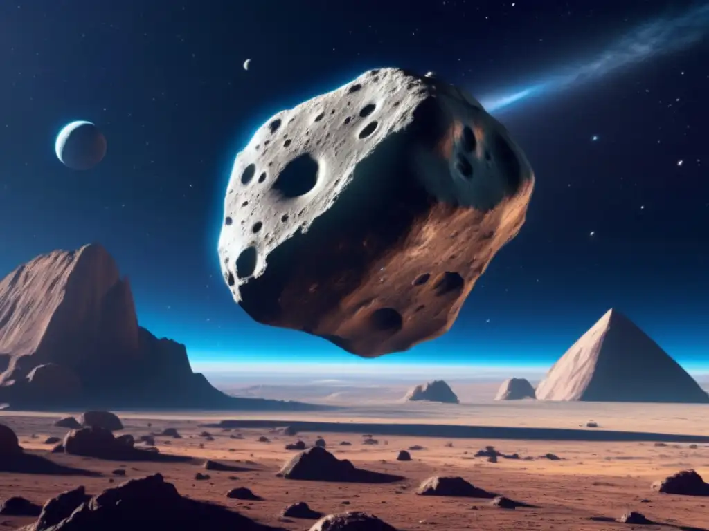 A photorealistic image of an enormous asteroid with a spacecraft in its background, slowly moving towards Earth