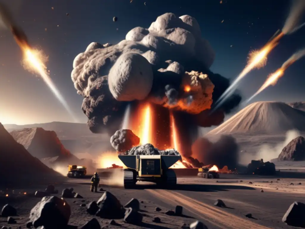 Photorealistic image of a massive explosion on an asteroid, with debris raining down and smoke billowing from the impact site