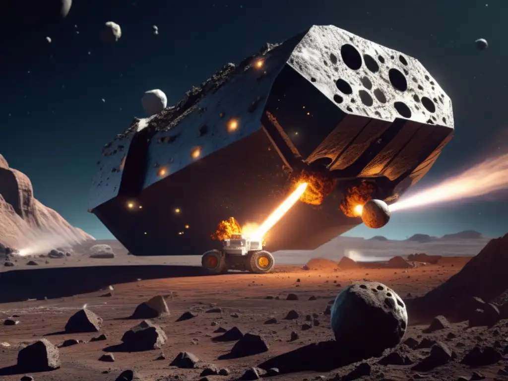 A towering asteroid mining machine harvests resources from the vast rocky surface of the asteroid
