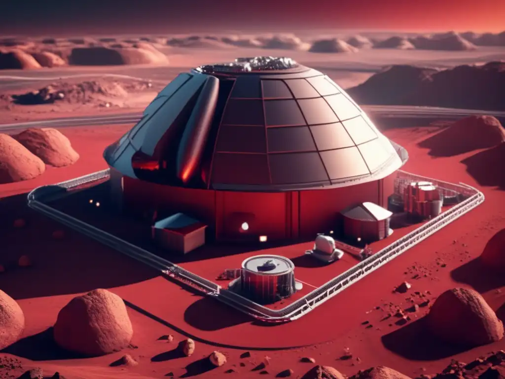 A stunning 3D model of an asteroid mining facility in a red tint wasteland, surrounded by massive asteroids being mined for resources