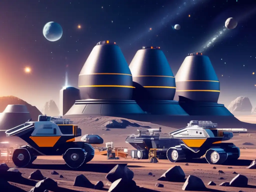 A stunning photorealistic image of a futuristic asteroid mining facility with drilling machines, transporters, and storage tanks in the background