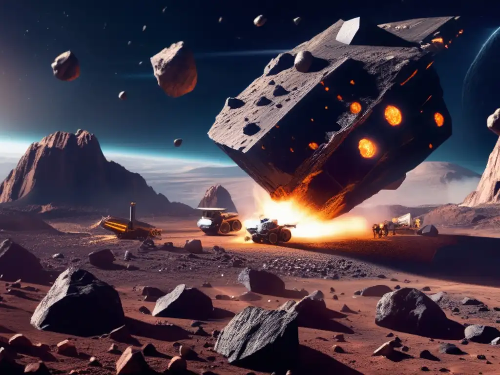 Dashing through the asteroid's jagged peaks, a spaceship scans the rocky terrain