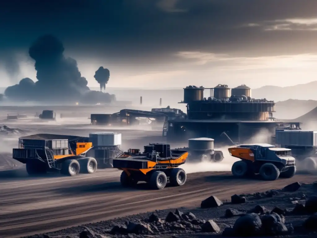 An image of a dark and foreboding industrial asteroid mining facility in a barren, postapocalyptic wasteland