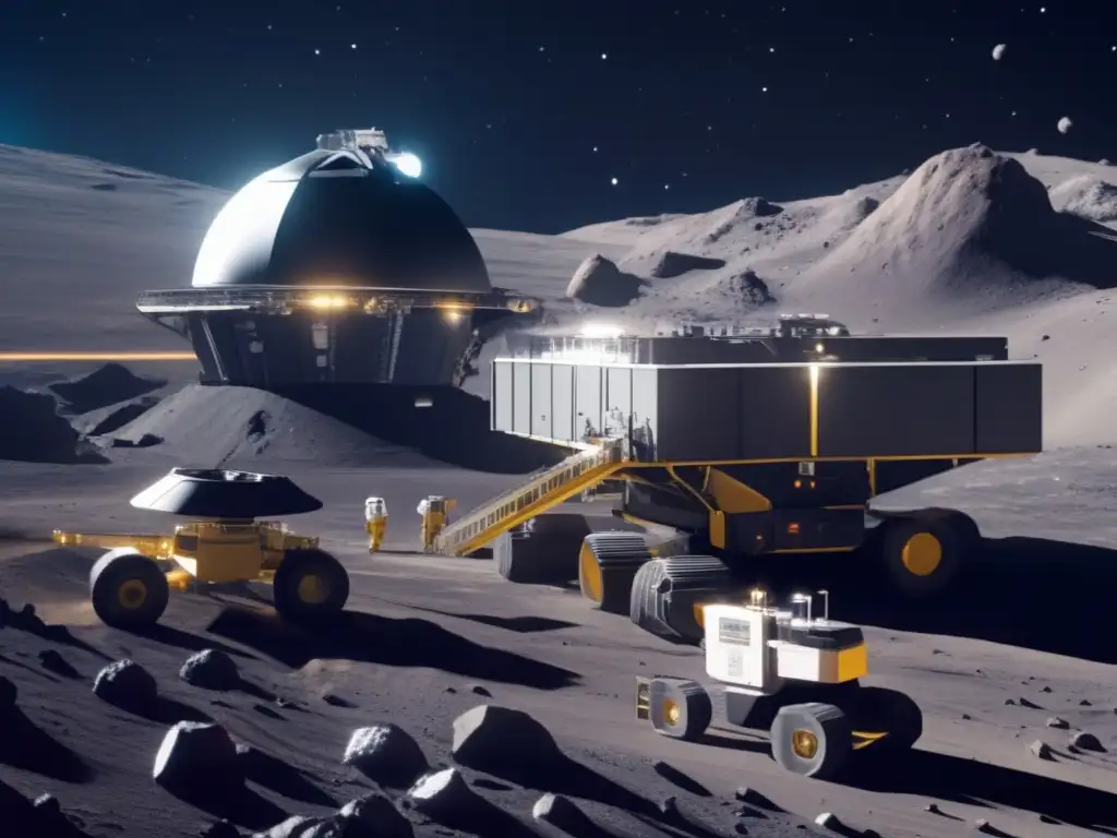 A photograph of an asteroid mining facility in space on a barren and desolate asteroid, with a closeup of the mining equipment at work