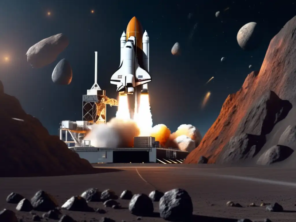 A photorealistic depiction of a space shuttle arriving at an asteroid mining facility, brimming with coveted resources to be refined for economic growth
