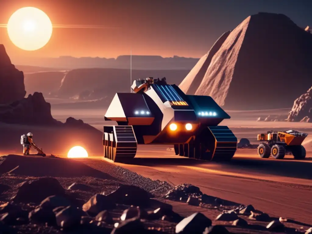 Dash: An advanced asteroid mining facility, drilling into the asteroid amidst a barren rocky landscape, as the sun sets in the background, futuristic and high-tech